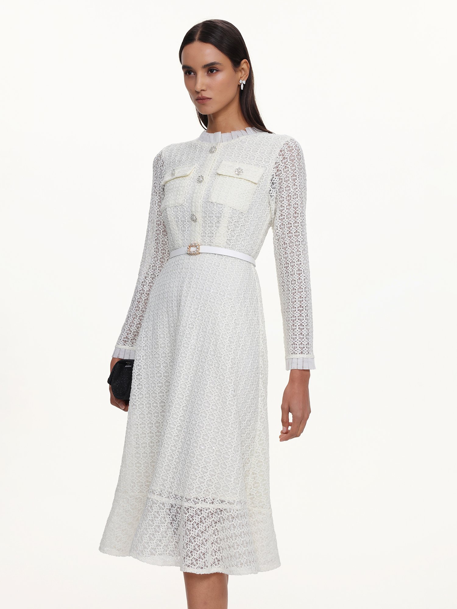 White Lace A-Line Dress with Long Sleeves