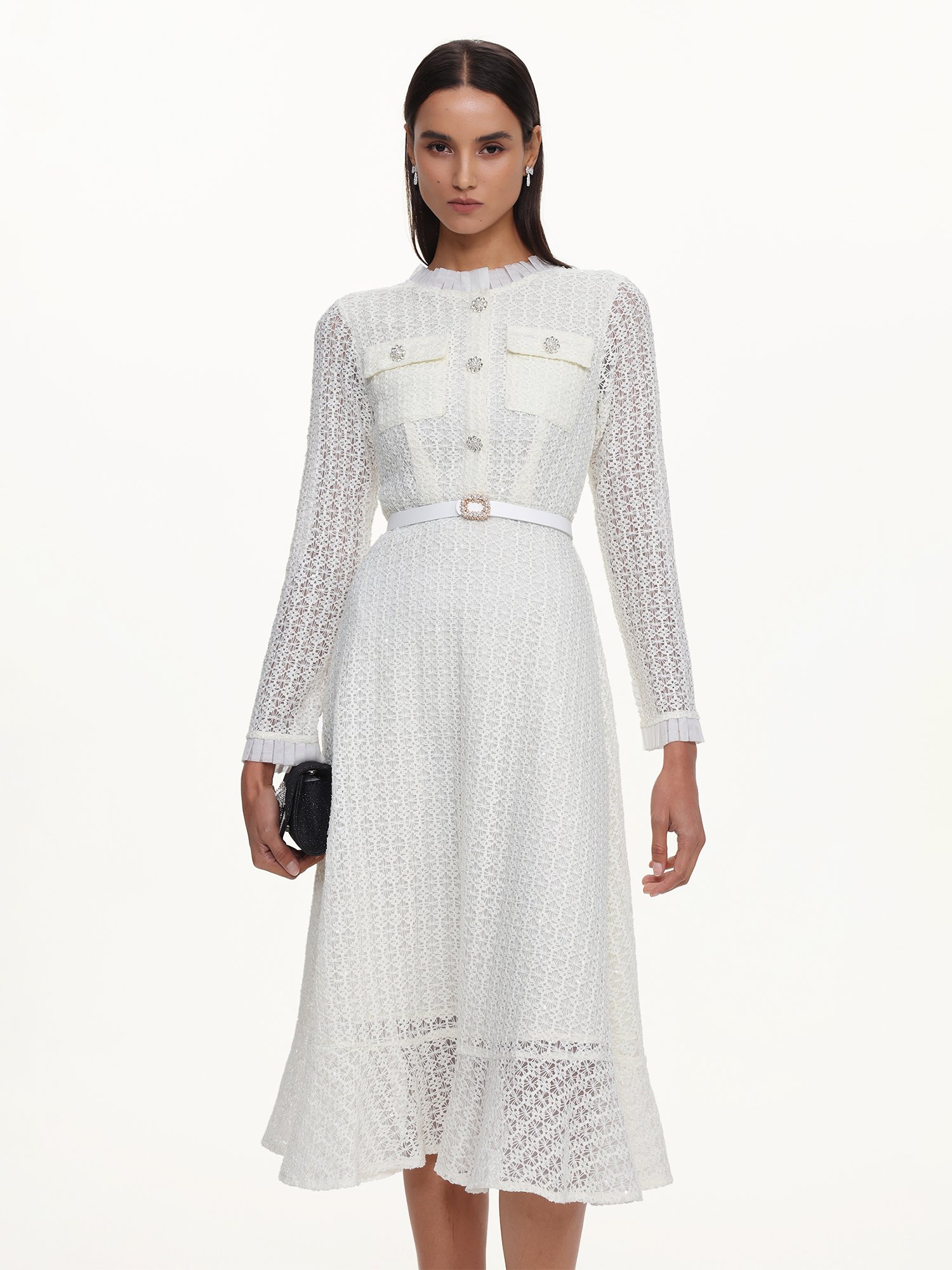 White Lace A-Line Dress with Long Sleeves