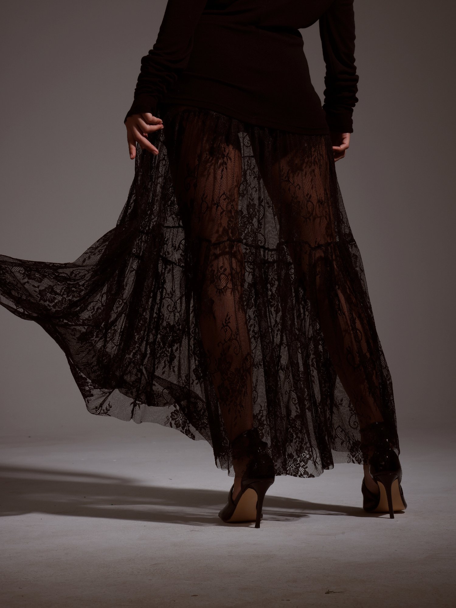 Black A-Line Ankle Lace Maxi Skirt