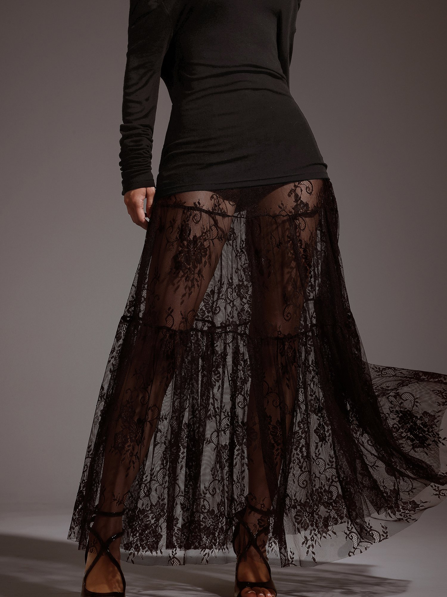 Black A-Line Ankle Lace Maxi Skirt