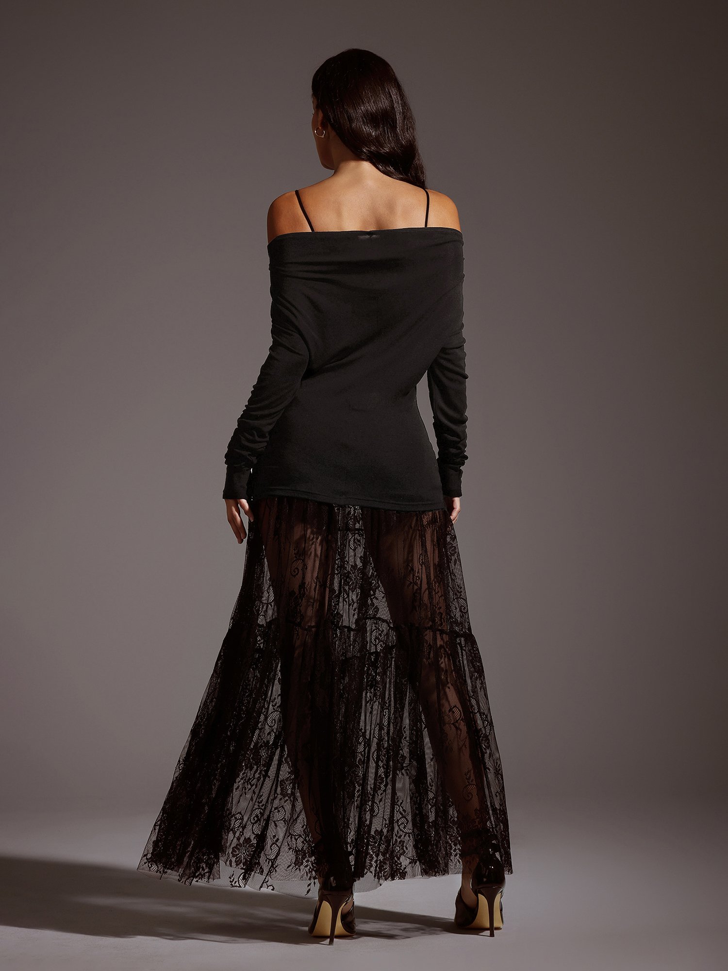 Black A-Line Ankle Lace Maxi Skirt