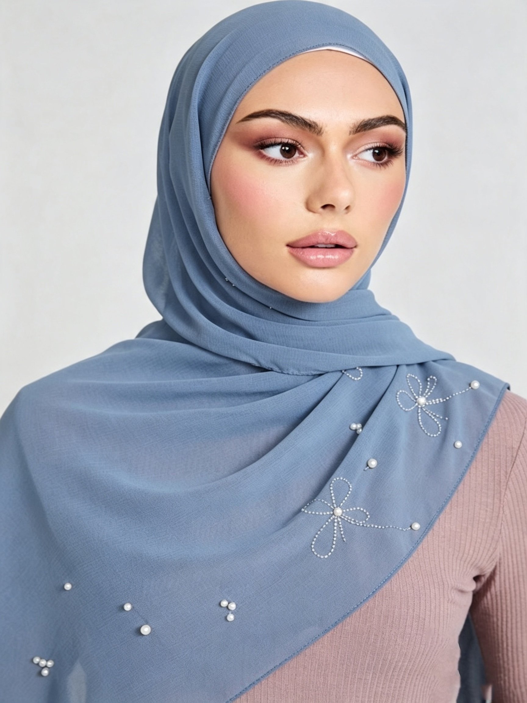 حجاب بتطريز لؤلؤ باللون الأزرق الفاتح