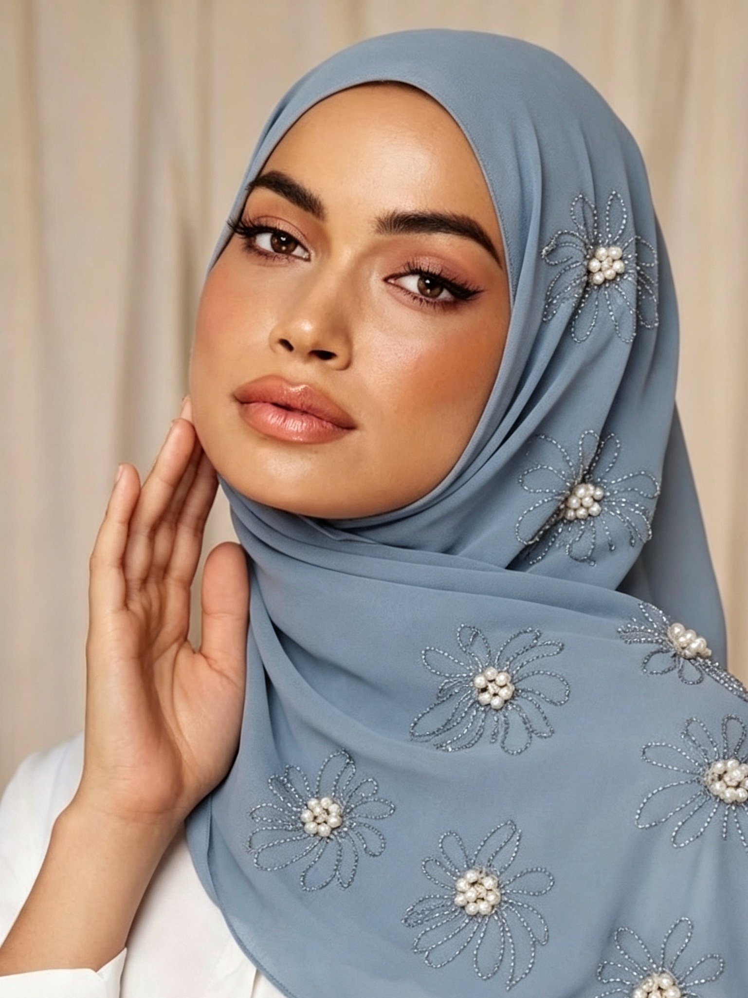 Light Blue Chiffon Hijab with Pearl Flower Embellishments