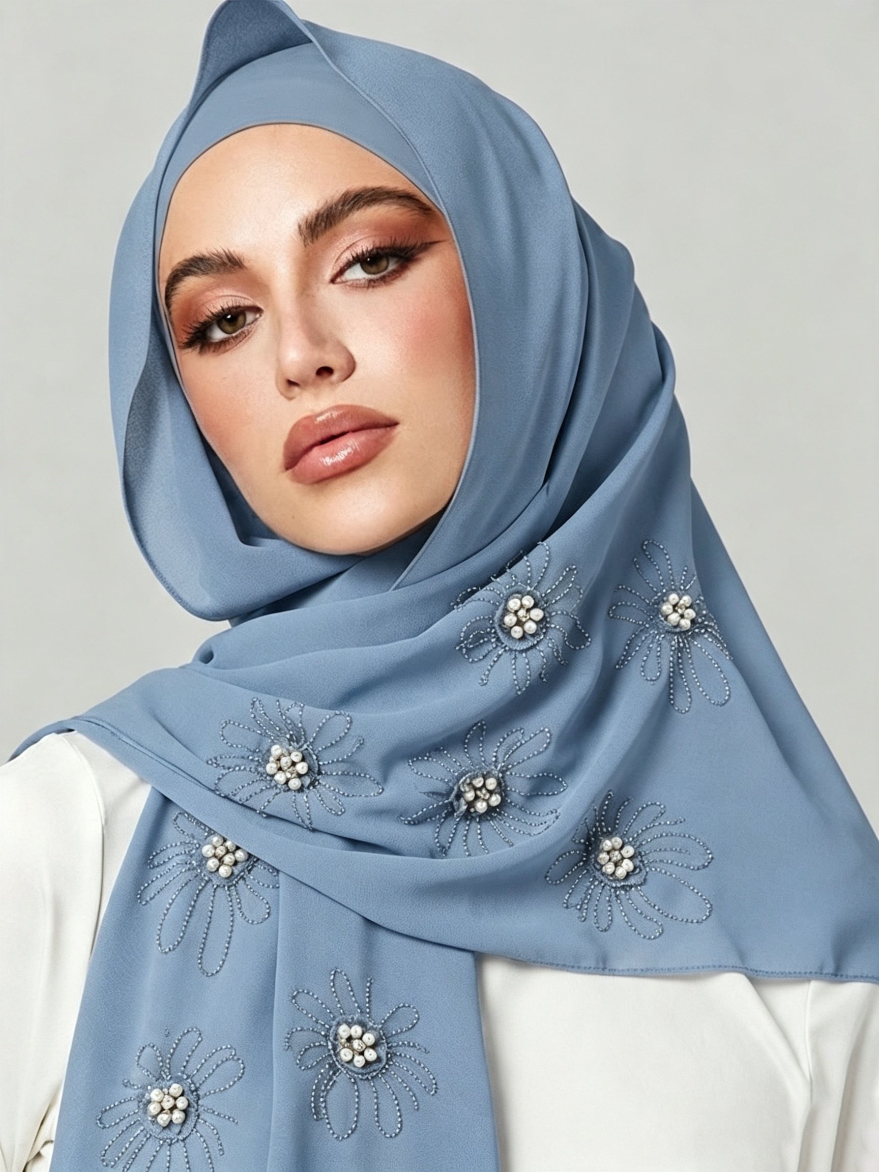 Light Blue Chiffon Hijab with Pearl Flower Embellishments