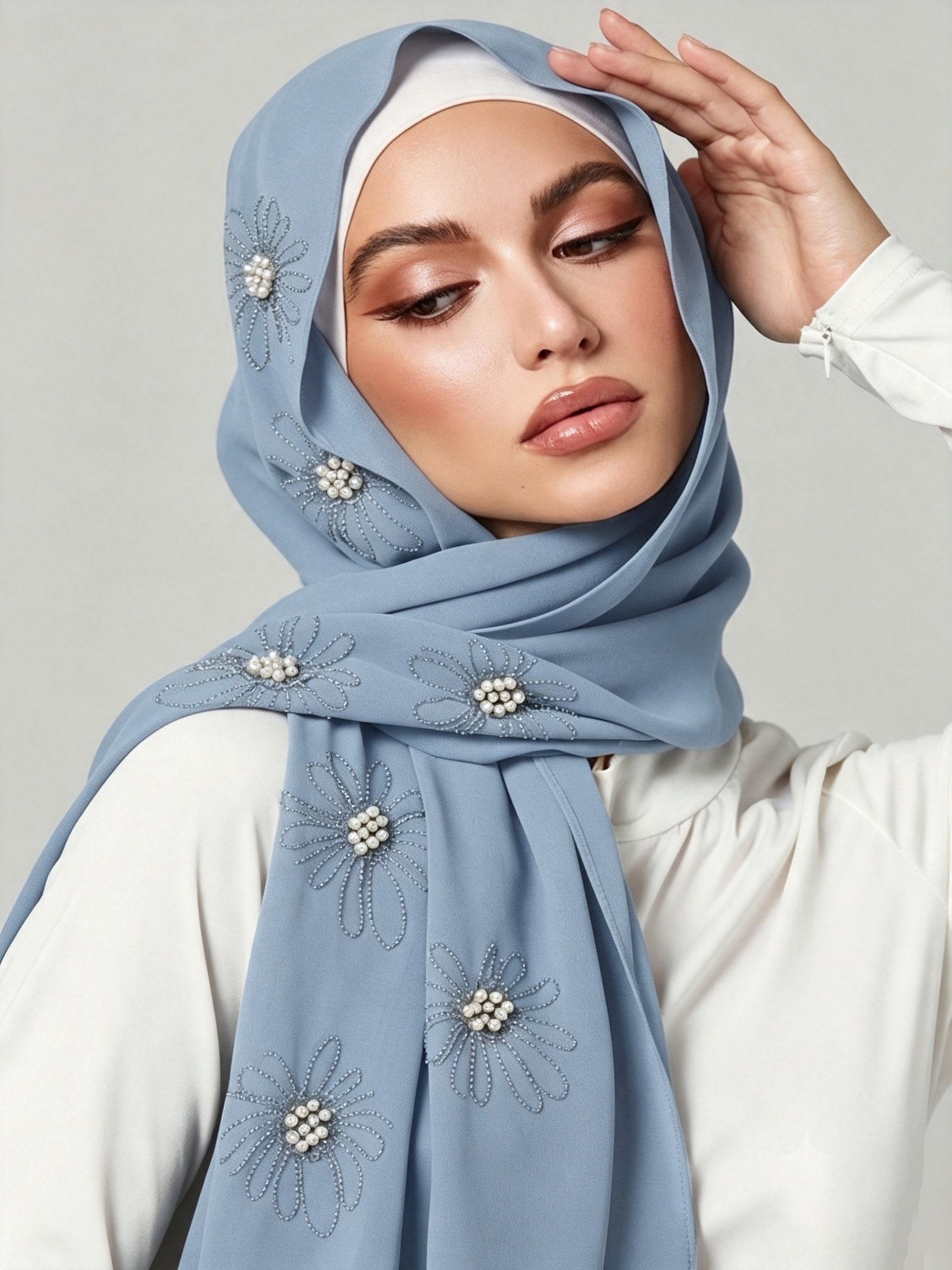 Light Blue Chiffon Hijab with Pearl Flower Embellishments