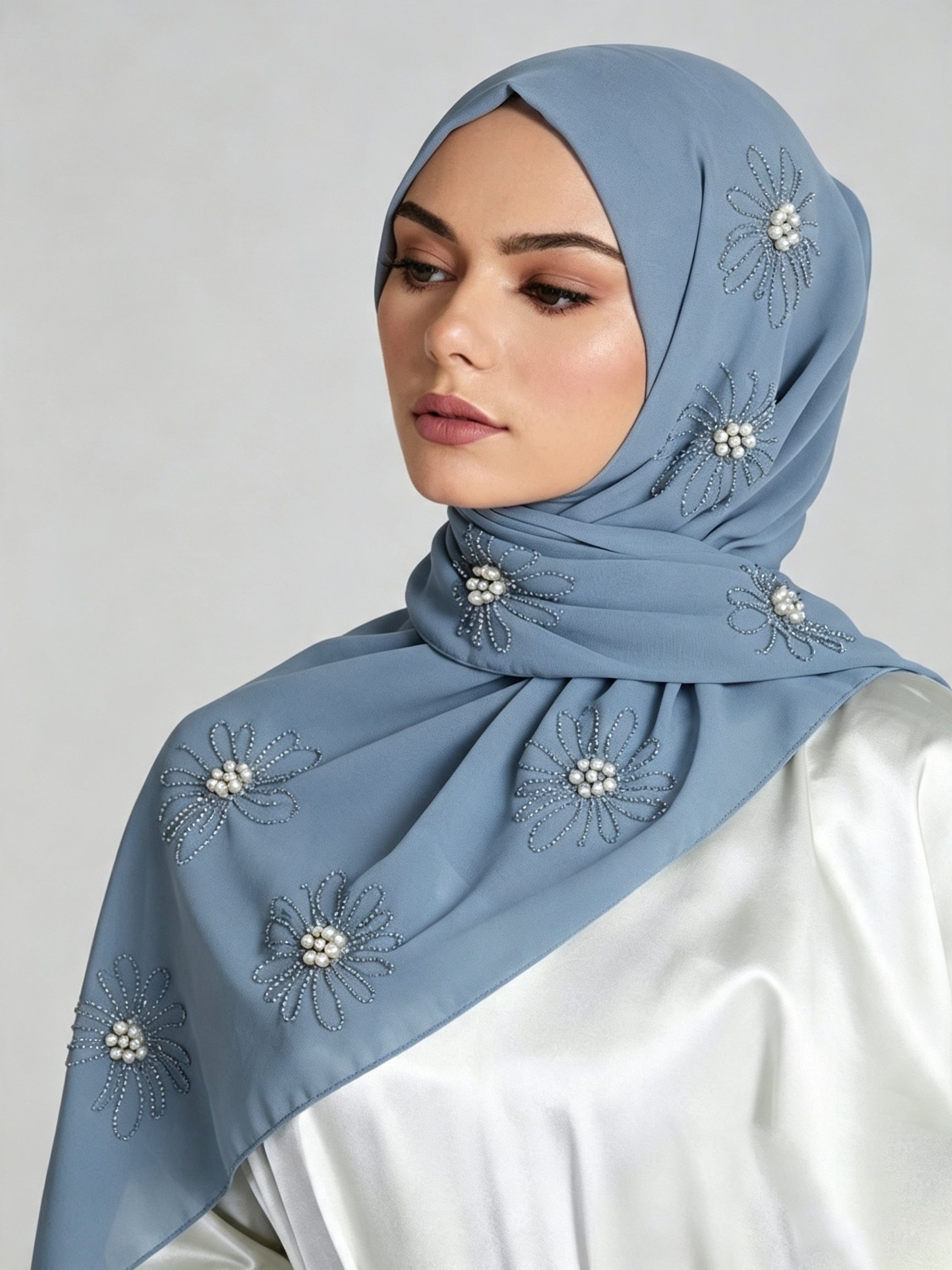 Light Blue Chiffon Hijab with Pearl Flower Embellishments
