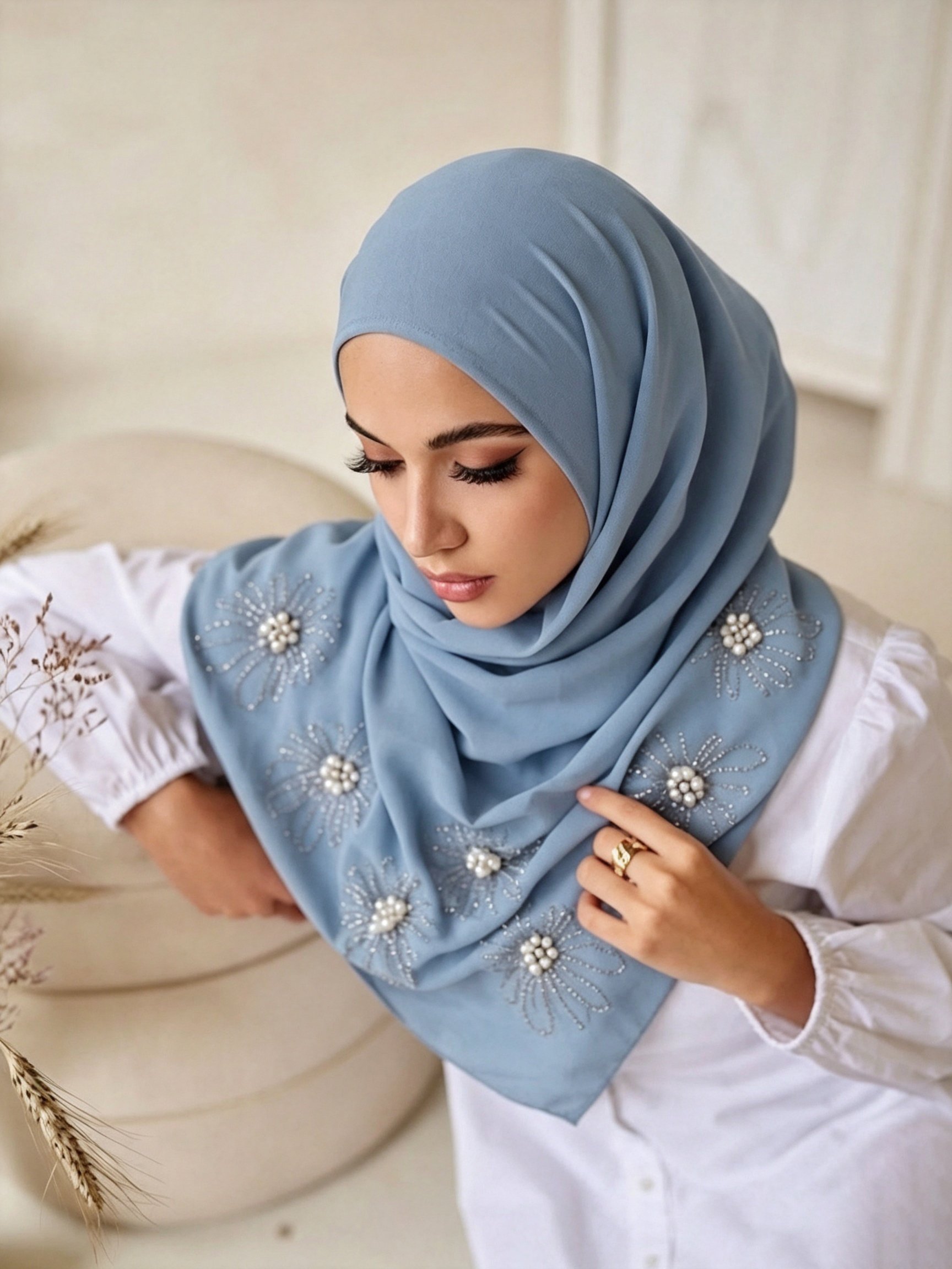 Light Blue Chiffon Hijab with Pearl Flower Embellishments
