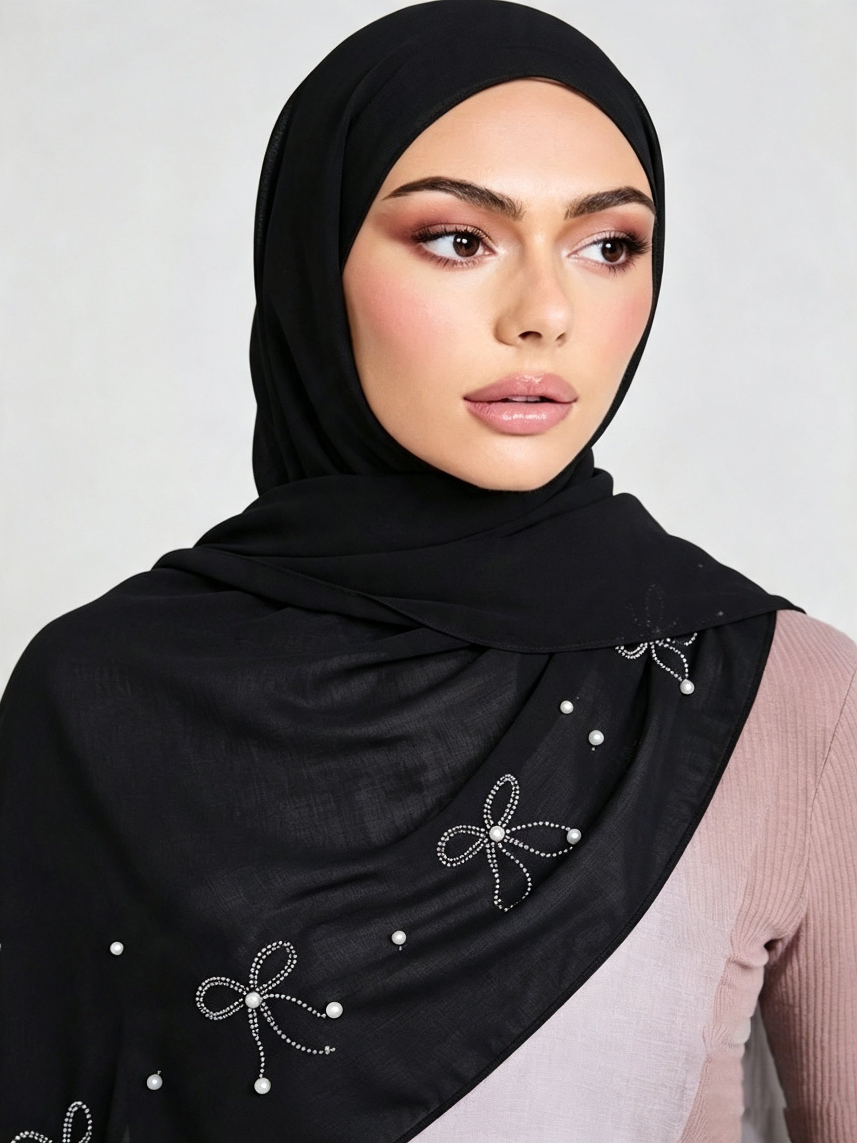 Black Embroidered Chiffon Hijab with Pearls