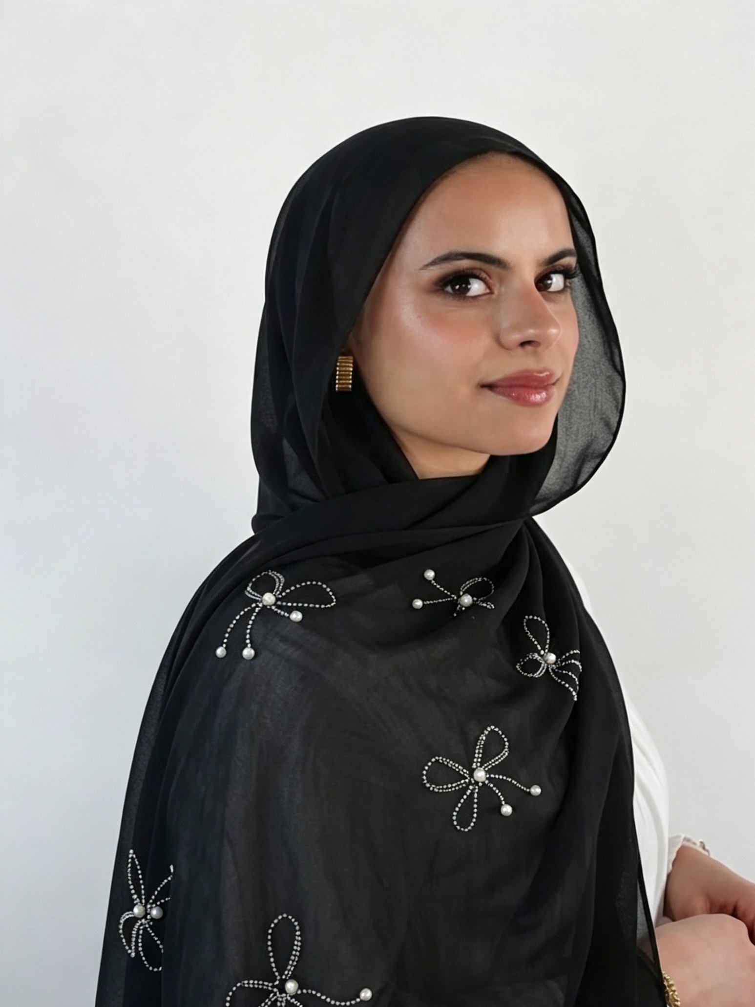 Black Embroidered Chiffon Hijab with Pearls