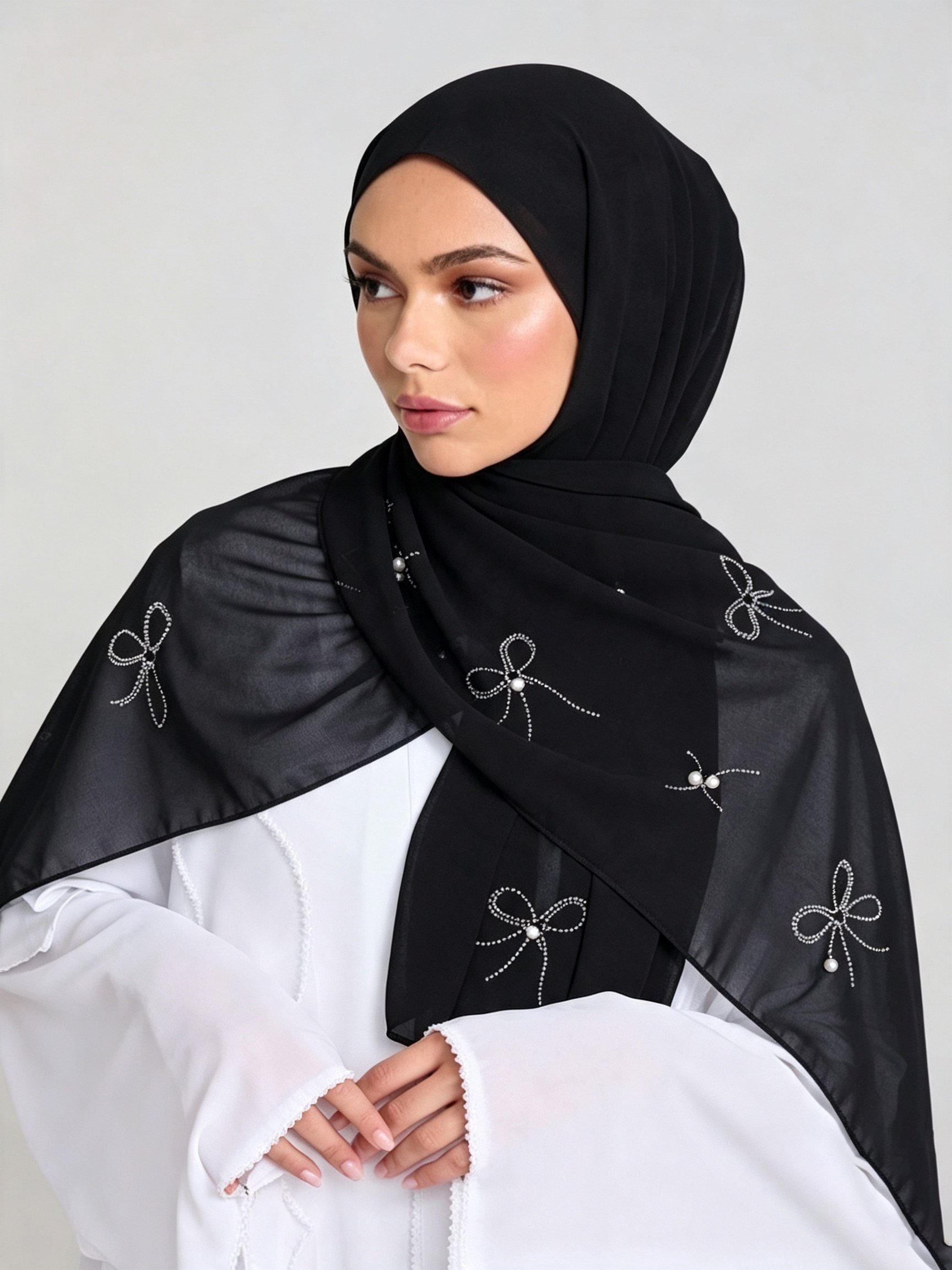 Black Embroidered Chiffon Hijab with Pearls
