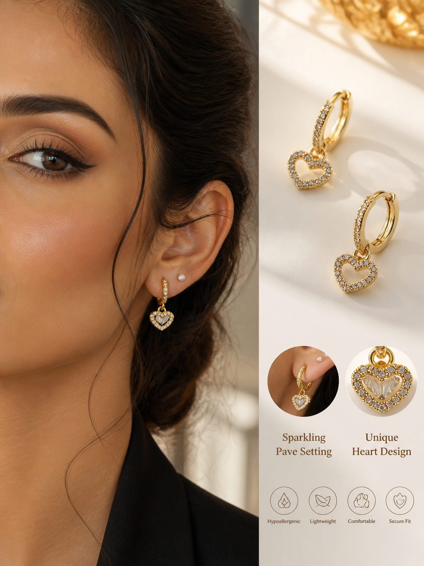 Gold Heart Hoop Earrings with Zircon Pave