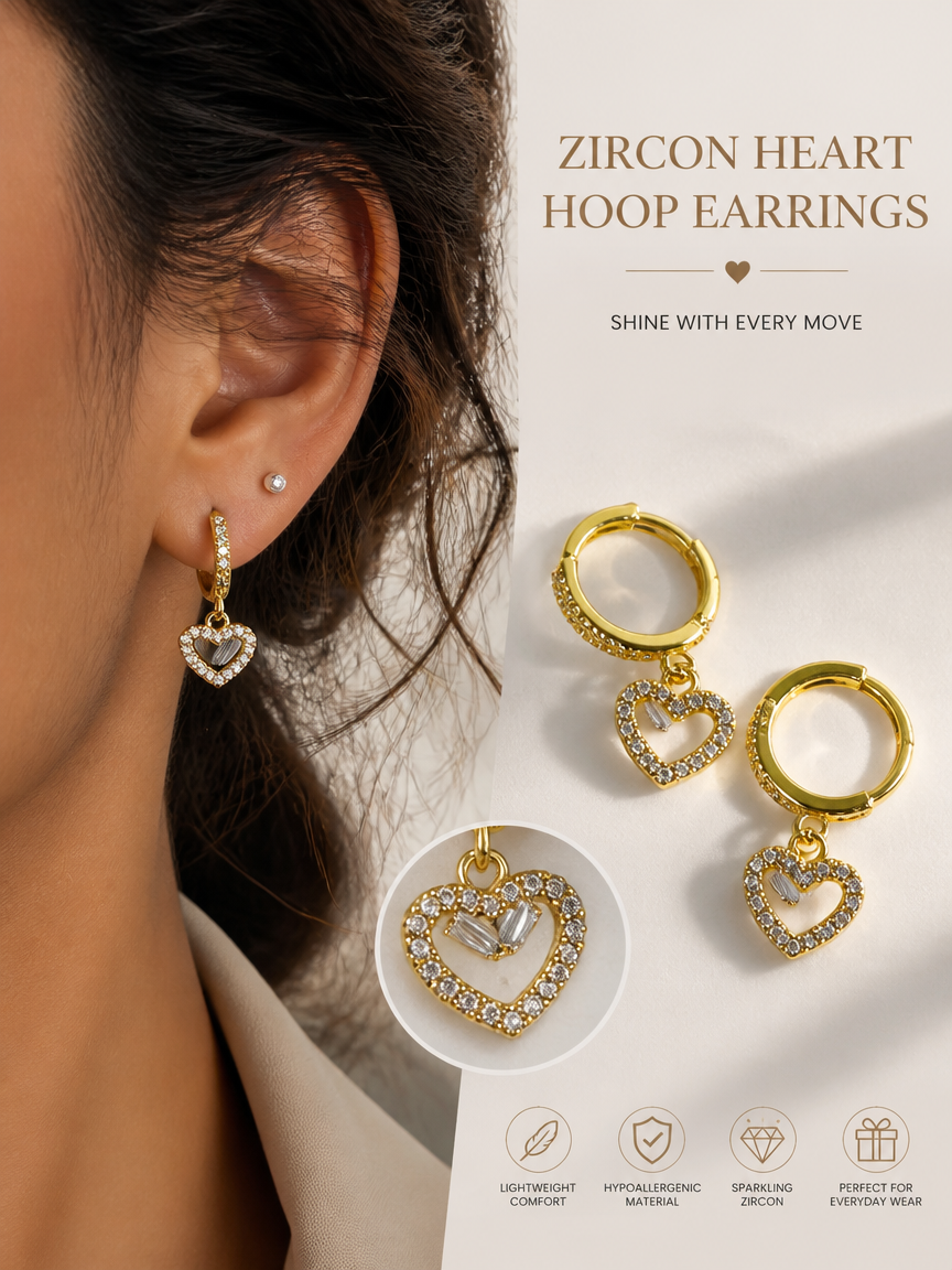Gold Heart Hoop Earrings with Zircon Pave