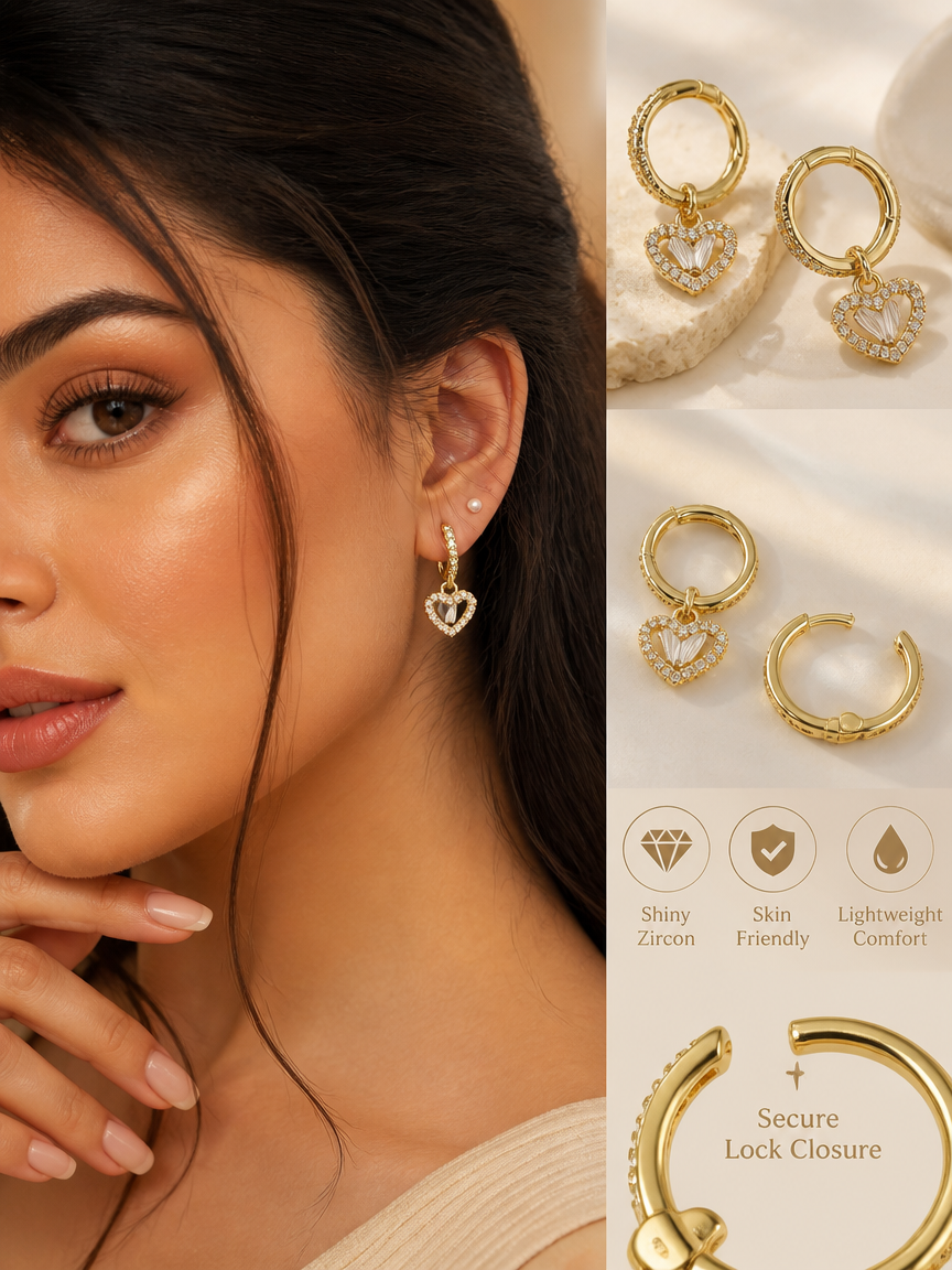 Gold Heart Hoop Earrings with Zircon Pave