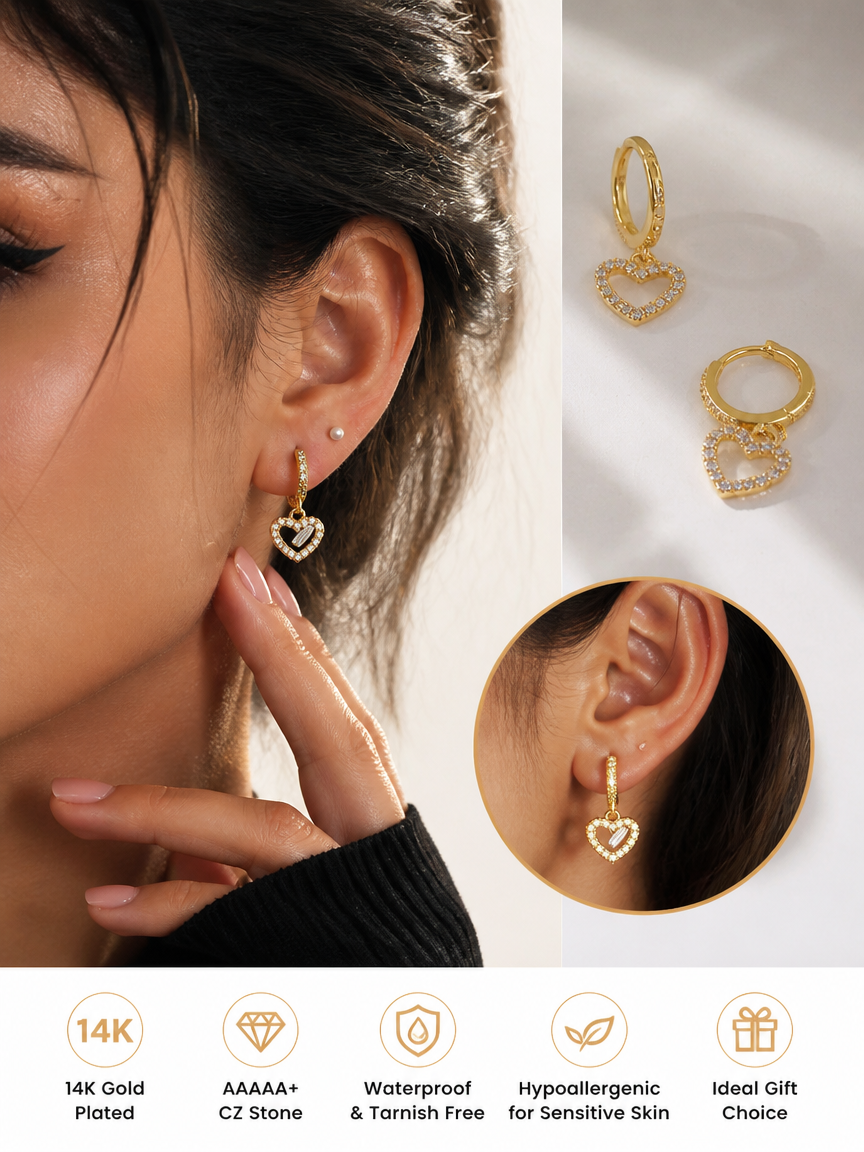 Gold Heart Hoop Earrings with Zircon Pave