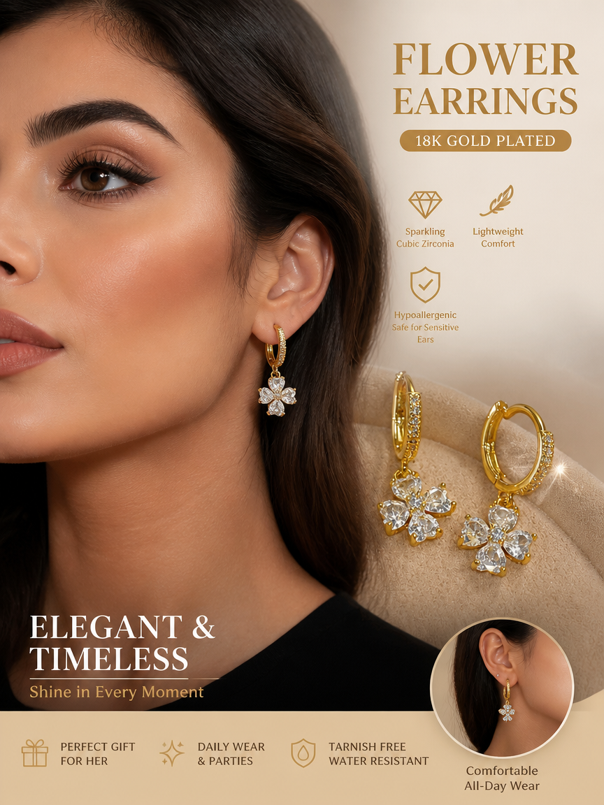 Gold Plated Flower Dangle Earrings