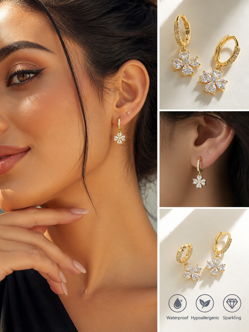 Gold Plated Flower Dangle Earrings