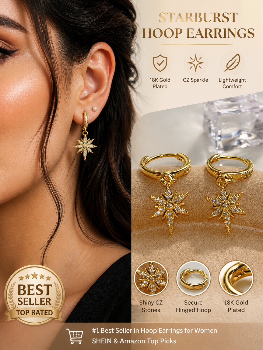 Gold Starburst Dangle Hoop Earrings