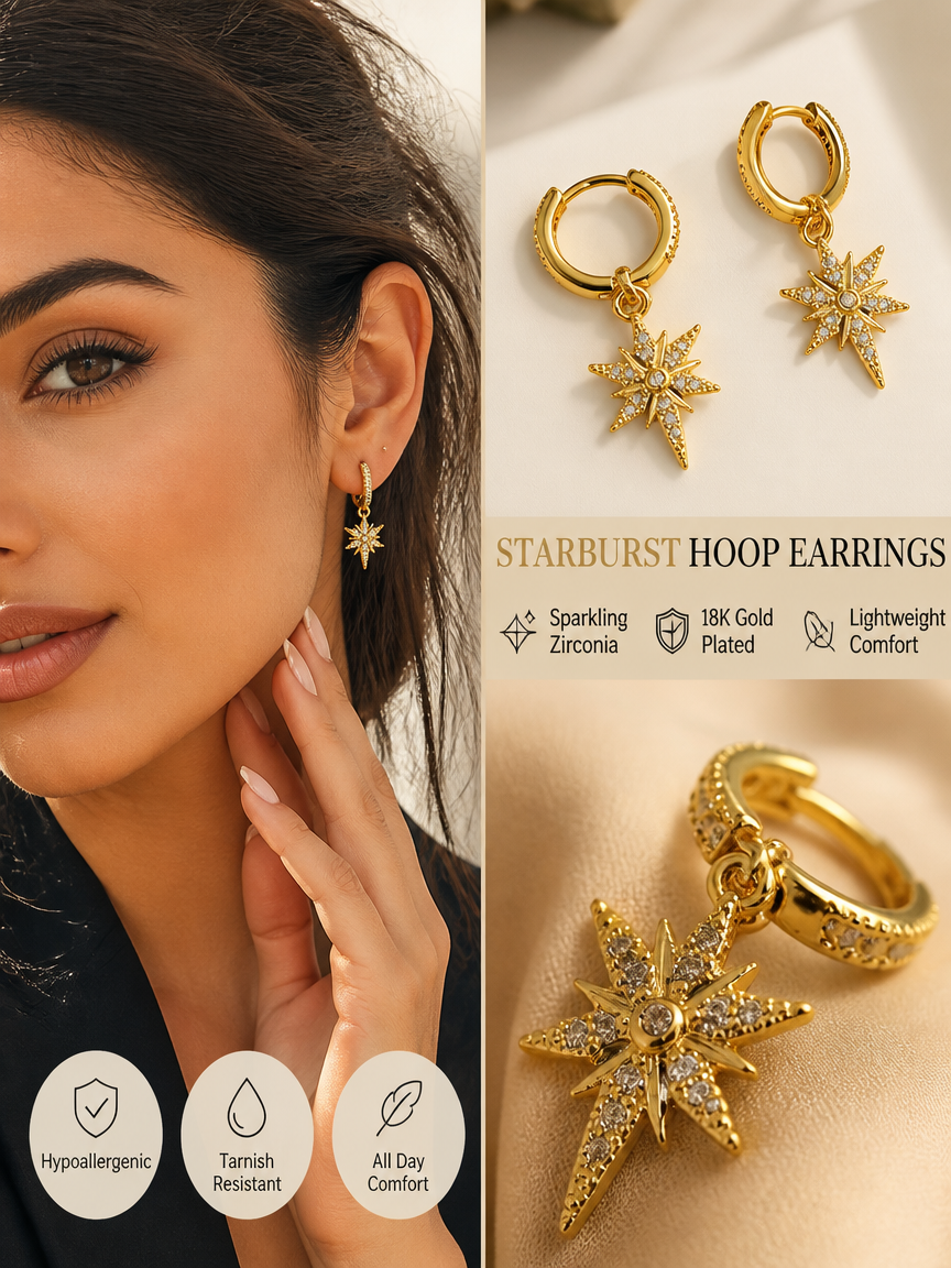 Gold Starburst Dangle Hoop Earrings