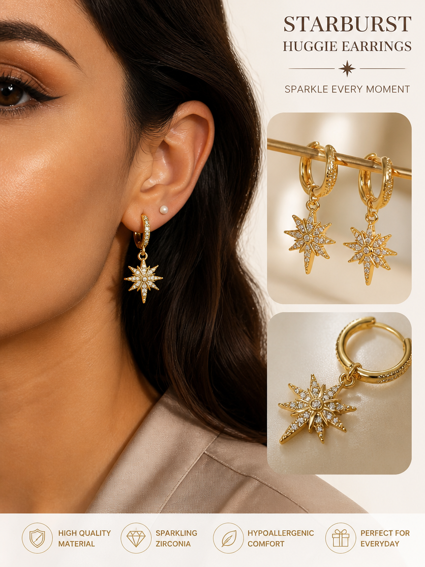 Gold Starburst Dangle Hoop Earrings