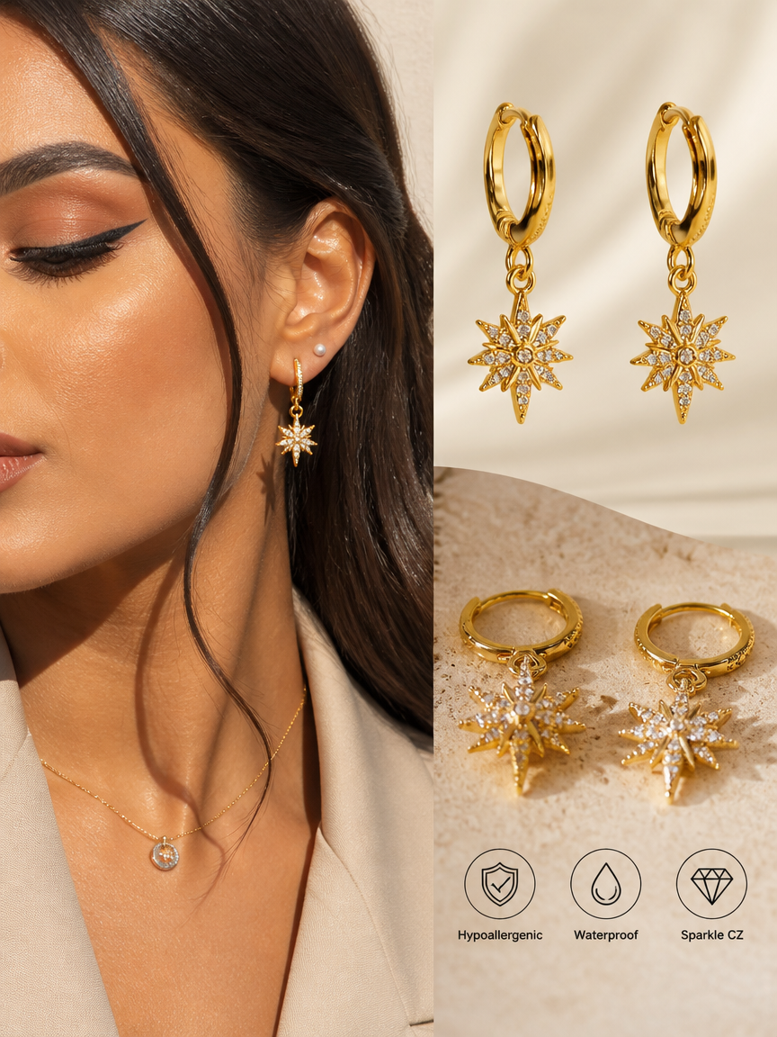 Gold Starburst Dangle Hoop Earrings