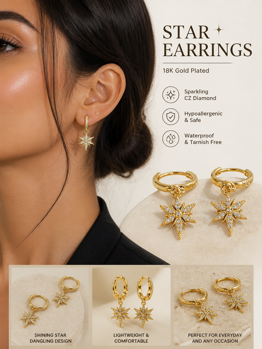 Gold Starburst Dangle Hoop Earrings
