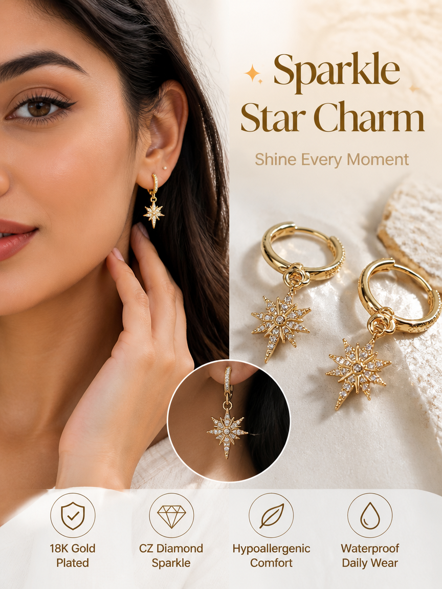 Gold Starburst Dangle Hoop Earrings