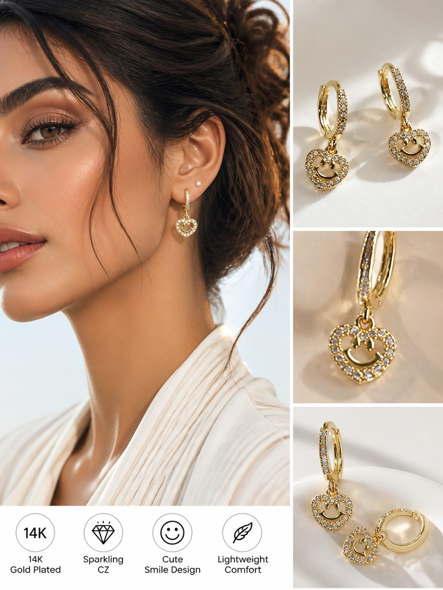 Gold Plated Zircon Heart Huggie Earrings