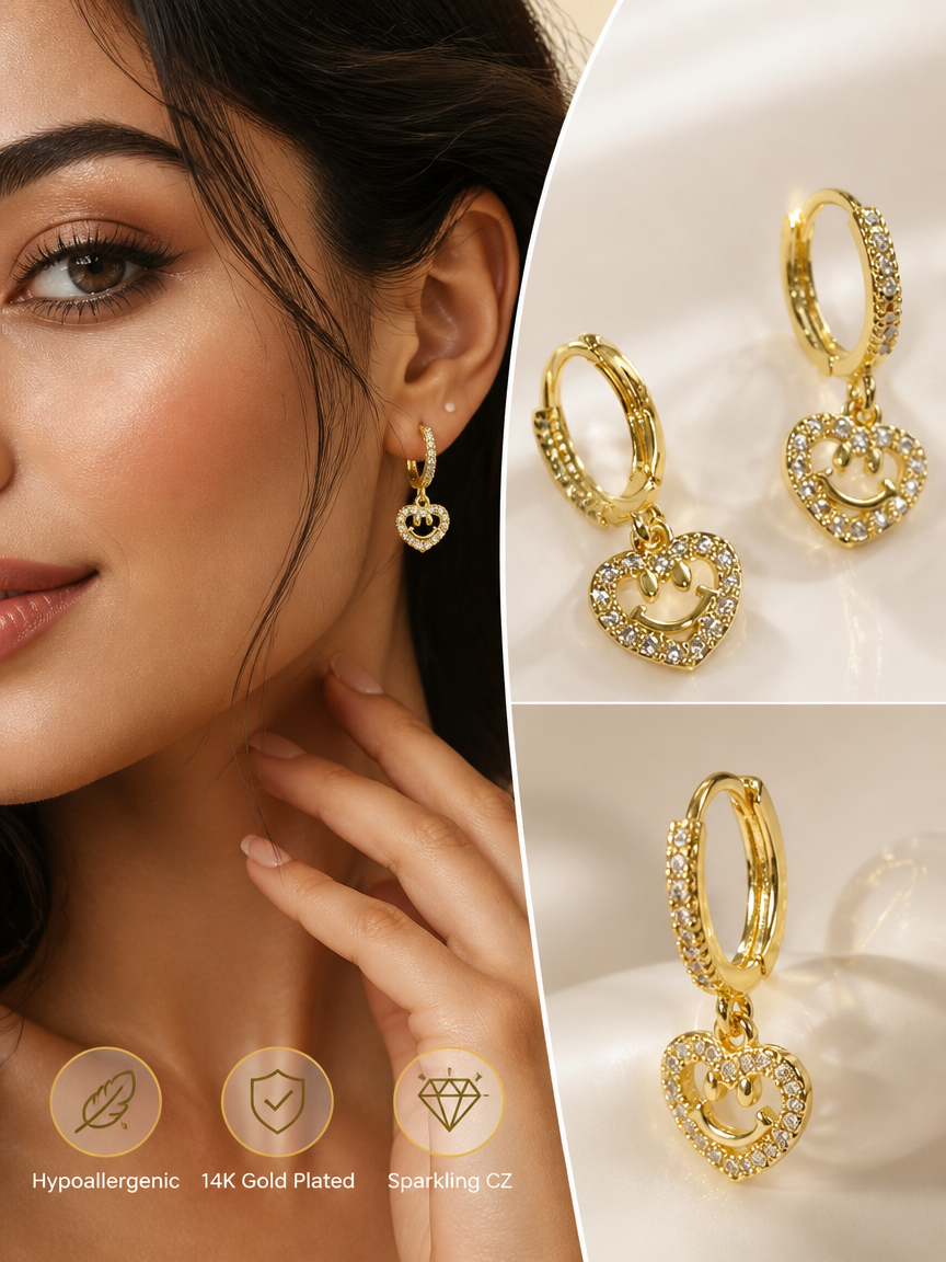 Gold Plated Zircon Heart Huggie Earrings