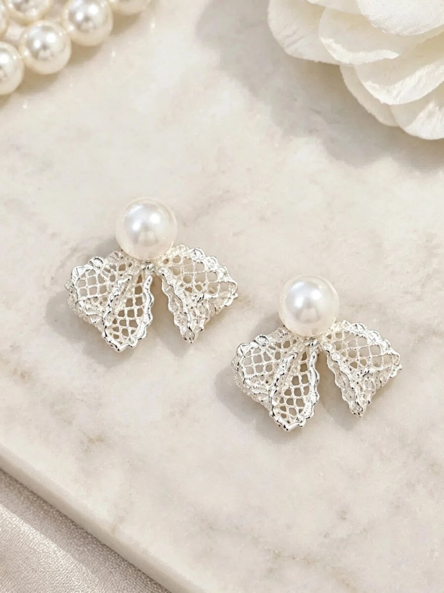 White Crochet Pearl Earrings
