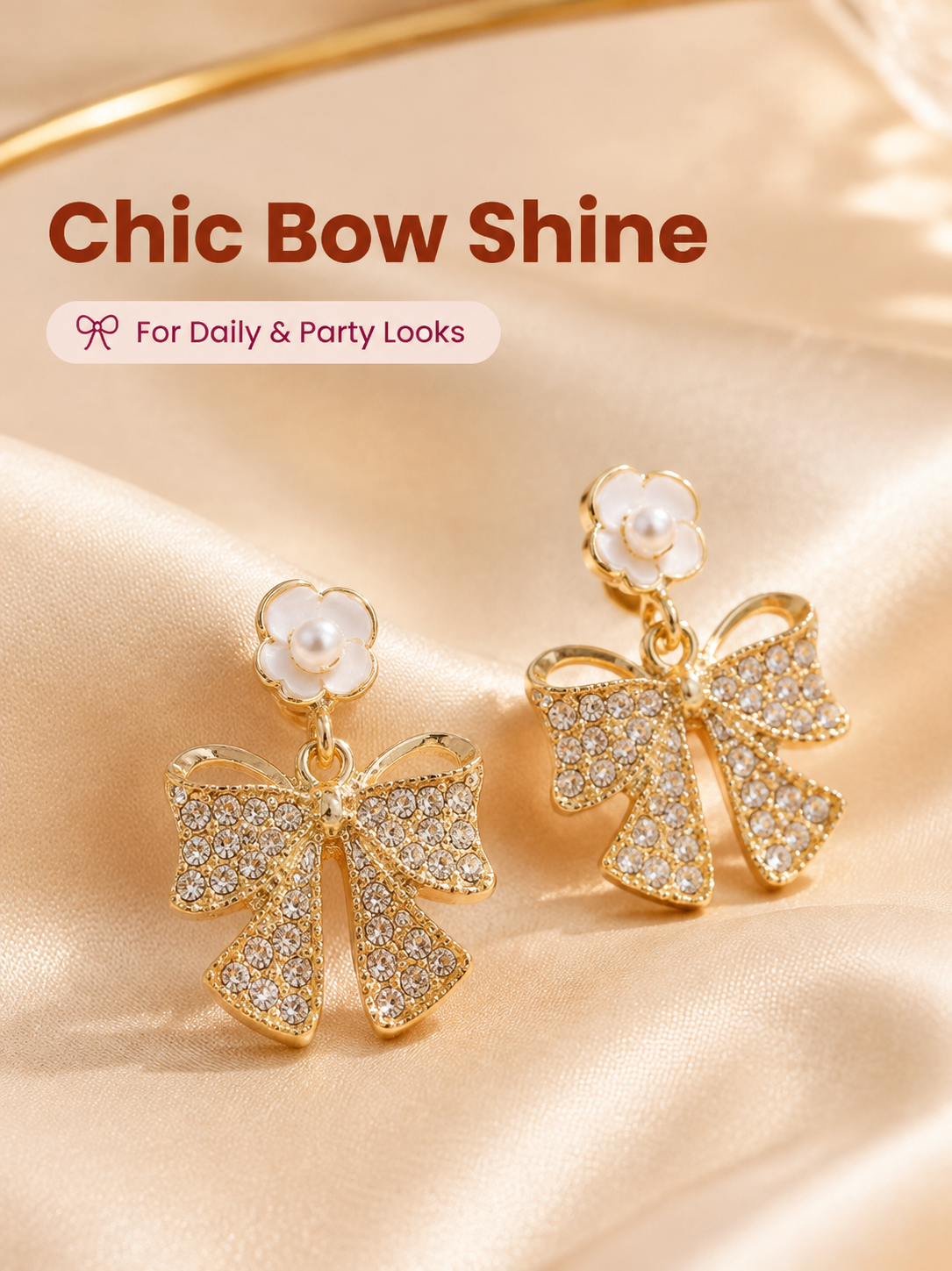 Gold Bow Pearl Drop Earrings