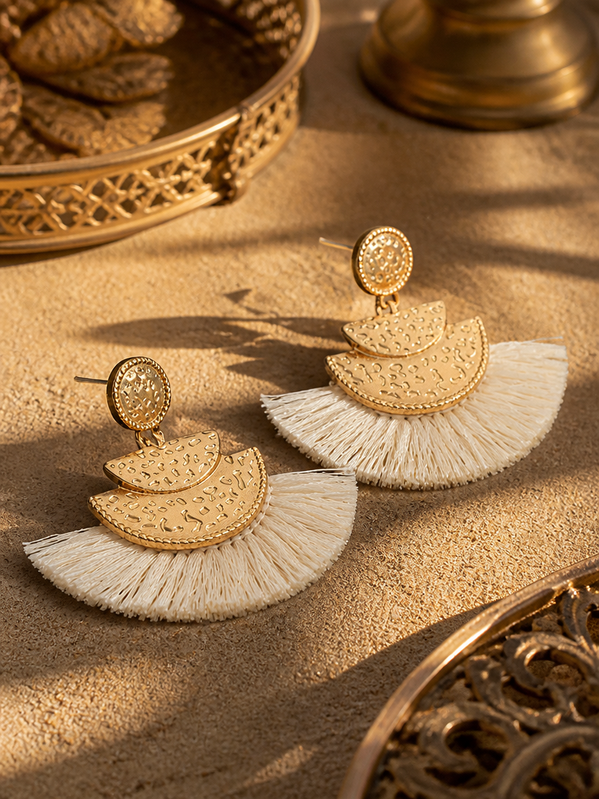 Gold Fan Tassel Drop Earrings
