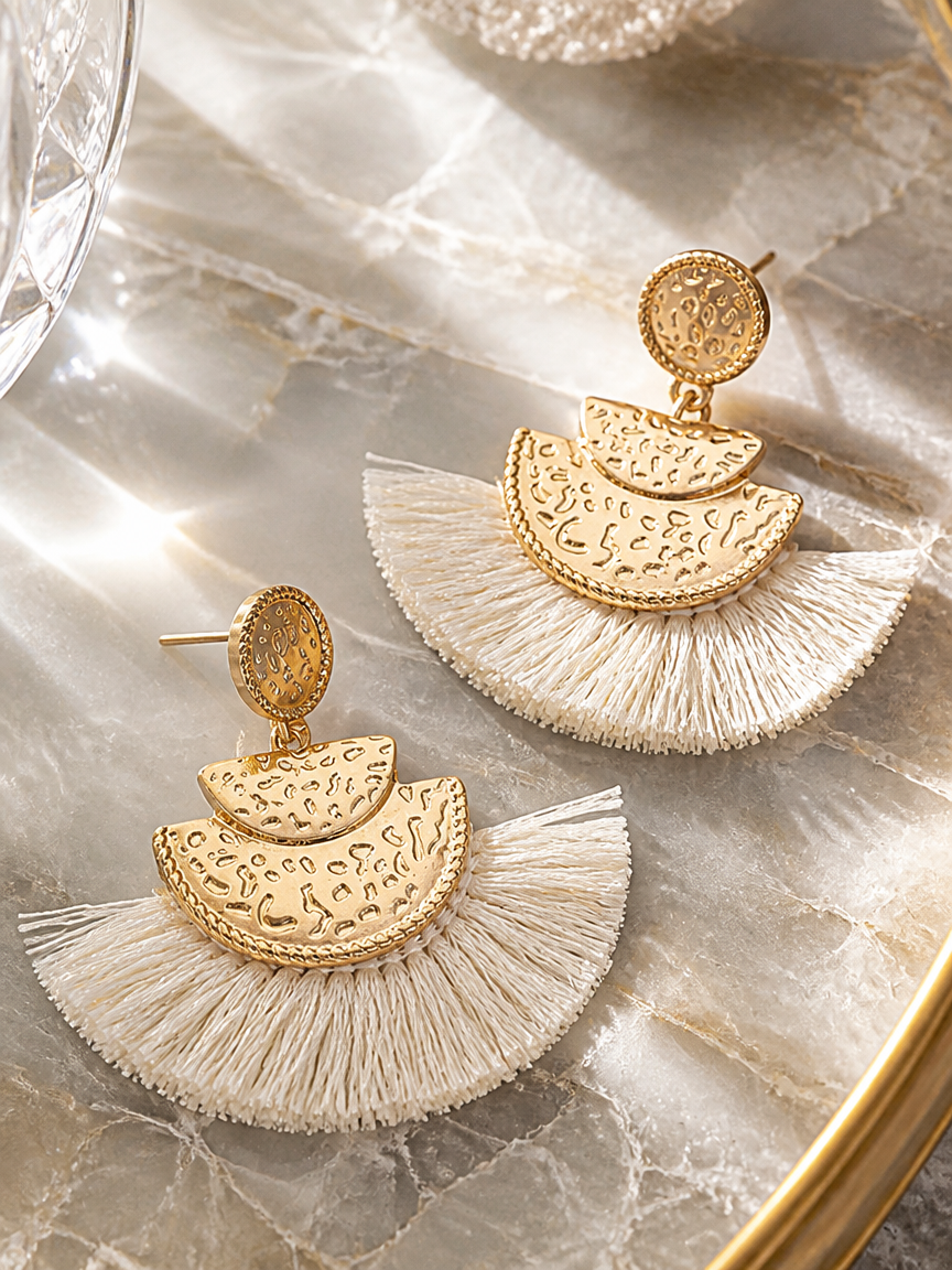 Gold Fan Tassel Drop Earrings