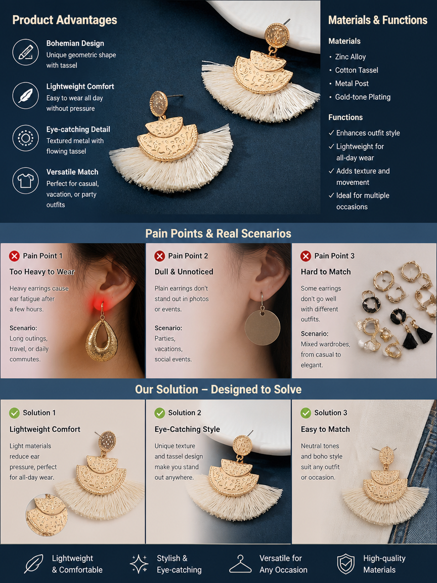 Gold Fan Tassel Drop Earrings