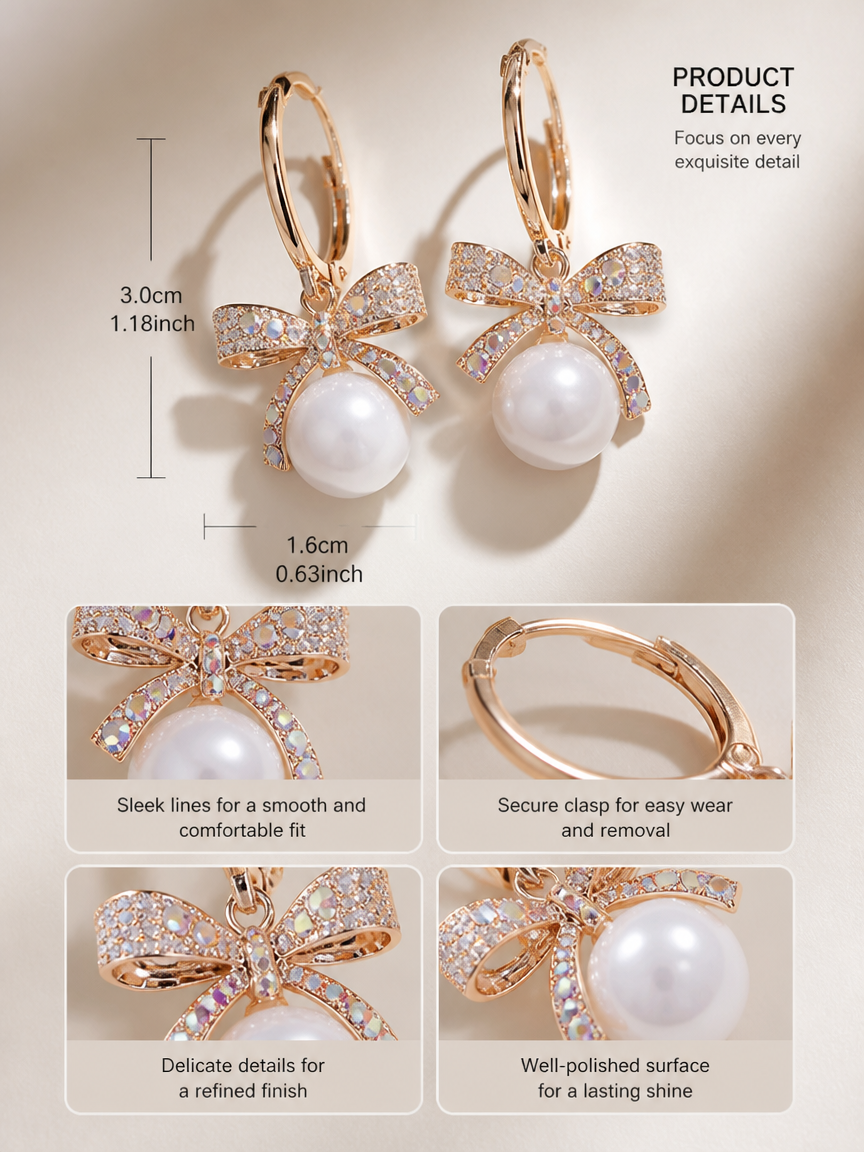 Golden Bow Pearl Hoop Earrings