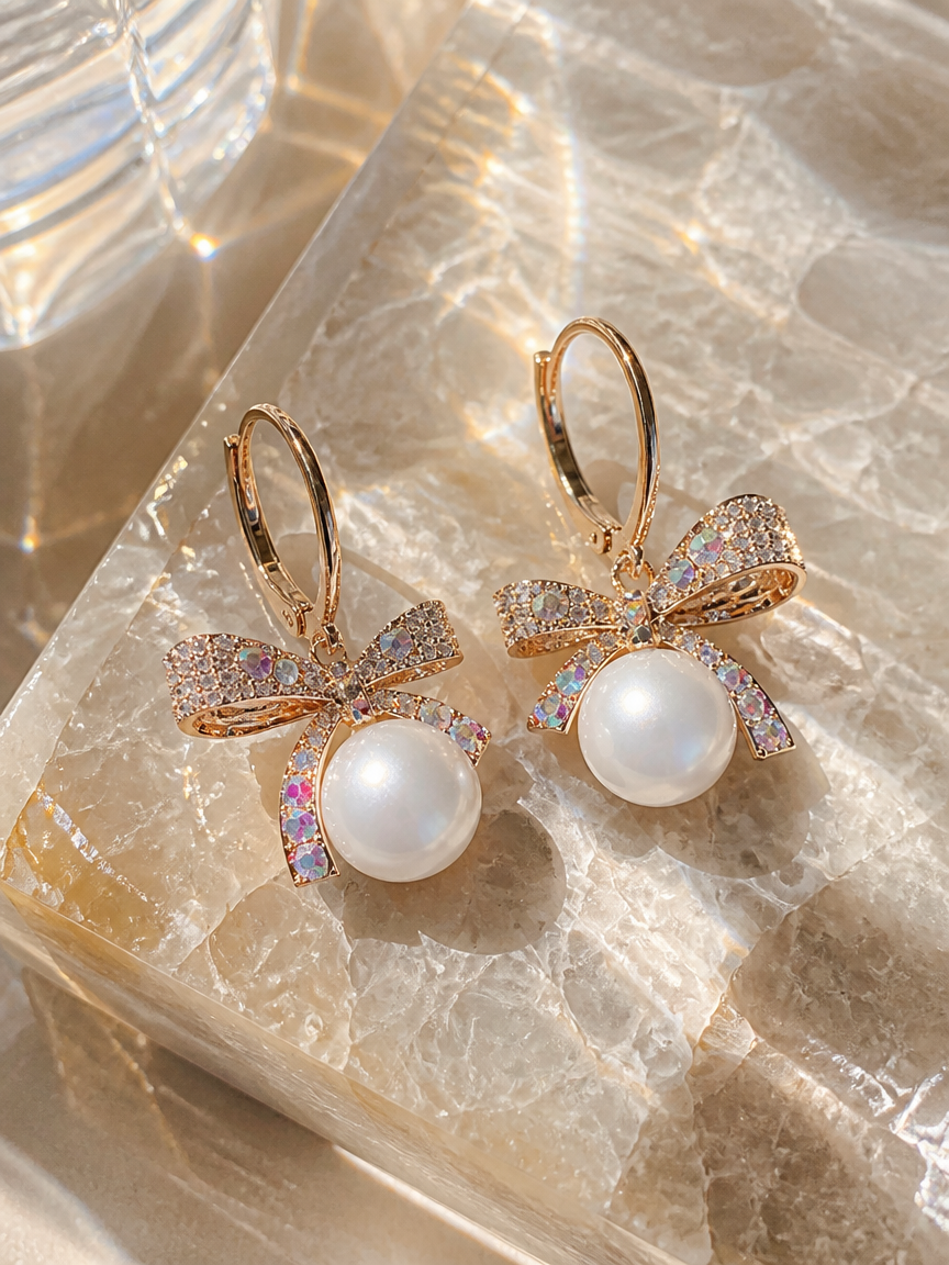 Golden Bow Pearl Hoop Earrings