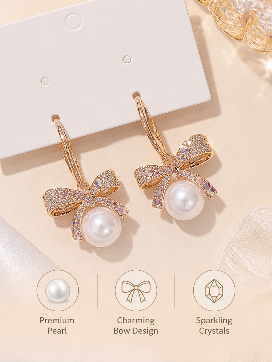 Golden Bow Pearl Hoop Earrings