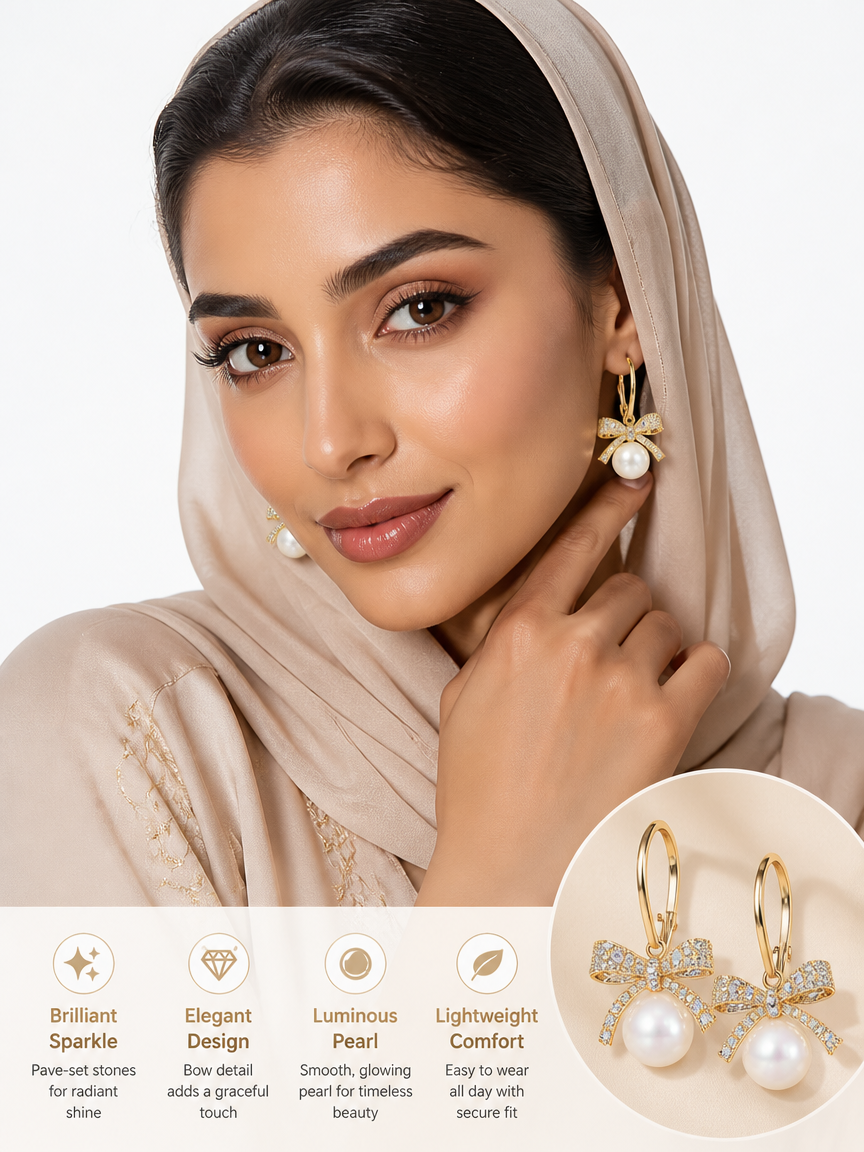 Golden Bow Pearl Hoop Earrings