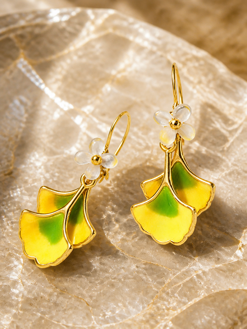 Floral and Ginkgo Dangle Earrings
