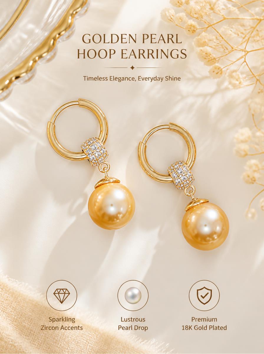 Golden Hoop Pearl Earrings with Zircon Accent