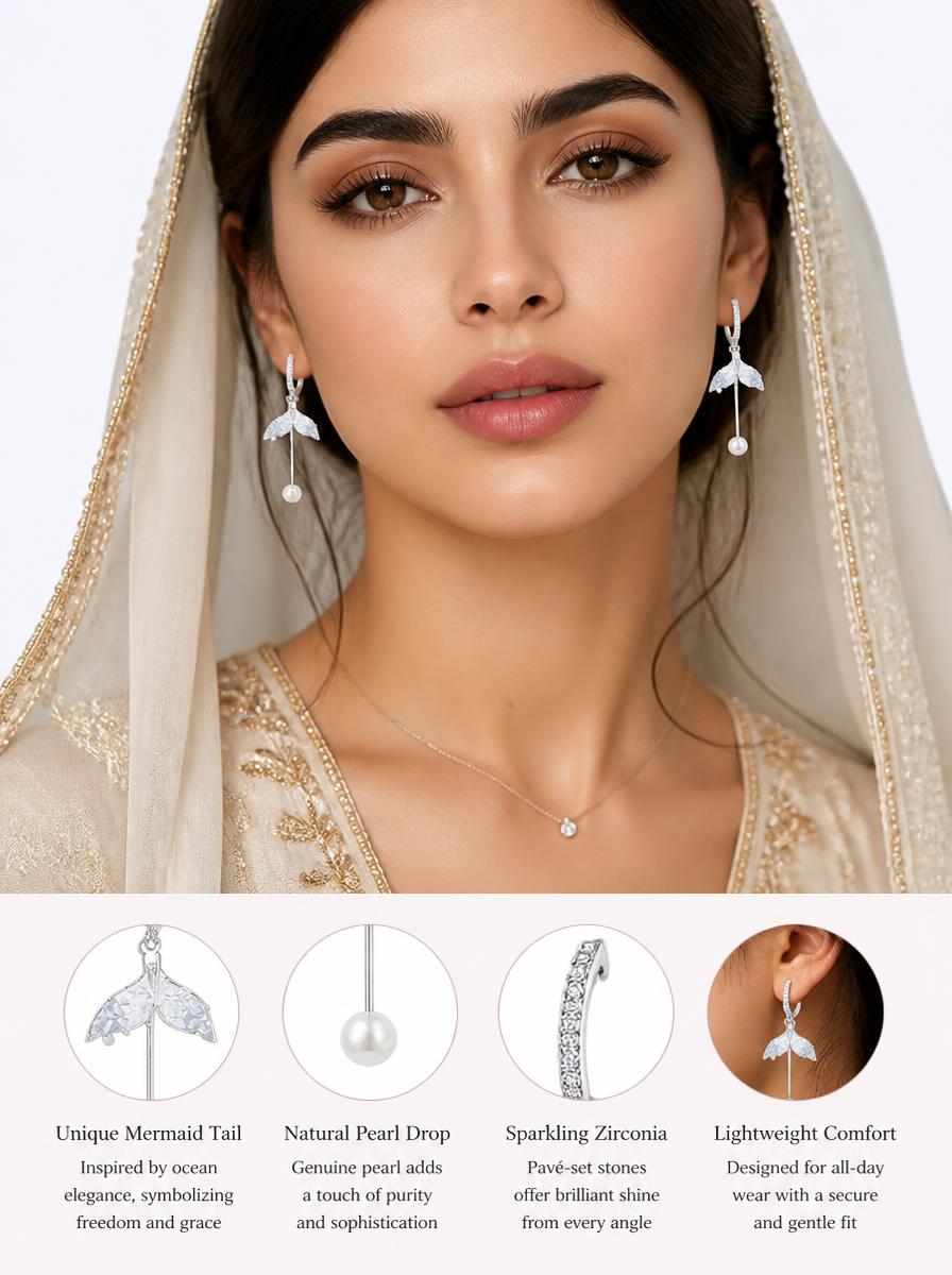 Silver Mermaid Fin and Pearl Dangle Earrings