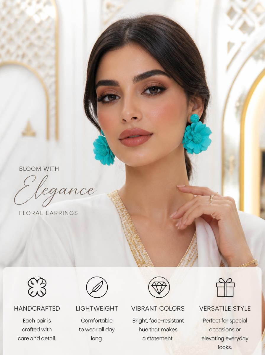 Teal Fabric Flower Drop Earrings