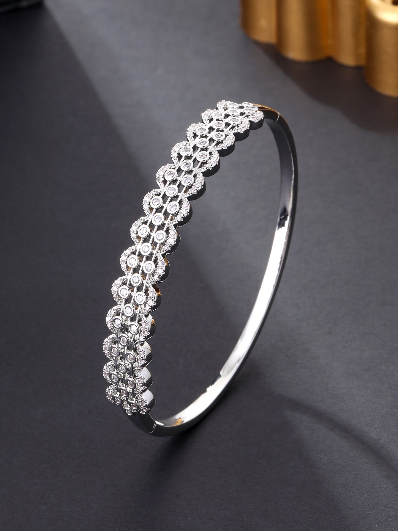 Silver Zircon Floral Bangle Bracelet