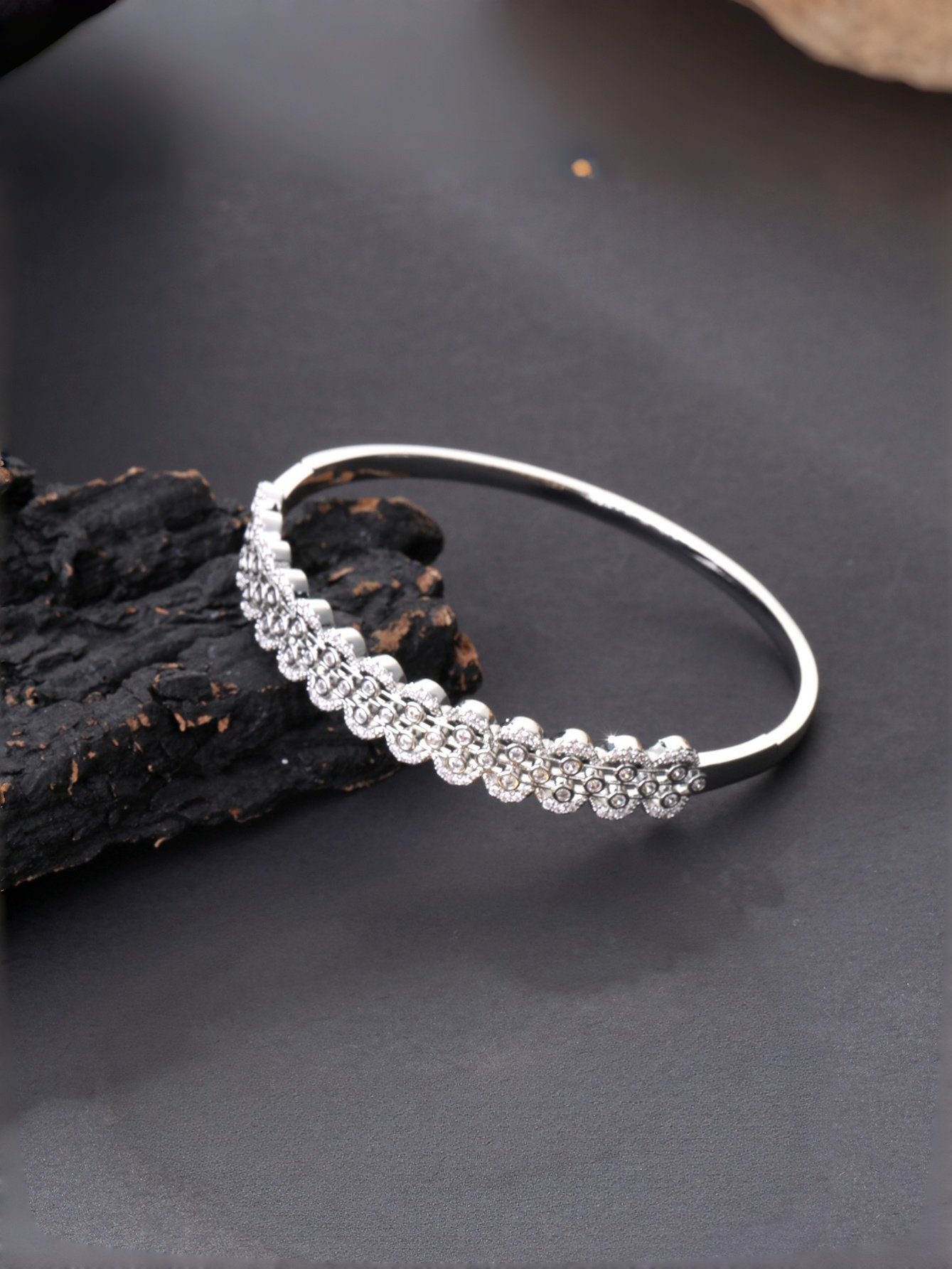 Silver Zircon Floral Bangle Bracelet