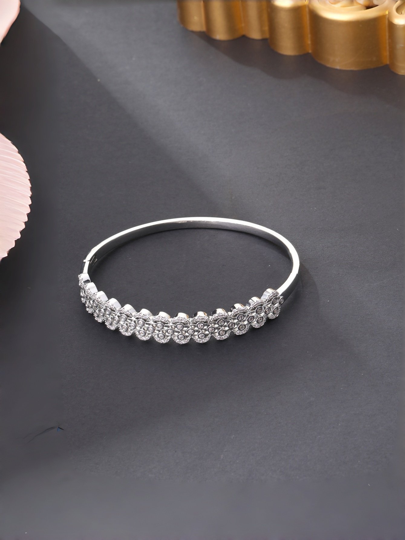 Silver Zircon Floral Bangle Bracelet