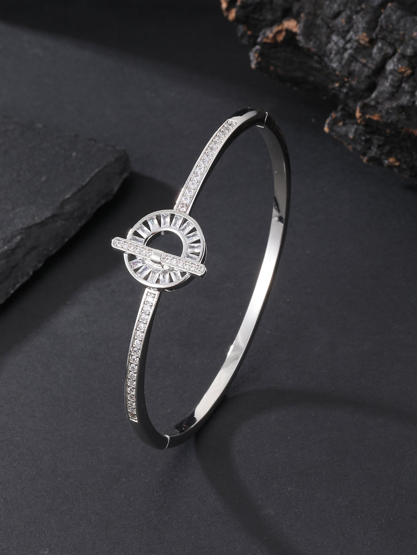 Silver Zircon Toggle Bangle Bracelet
