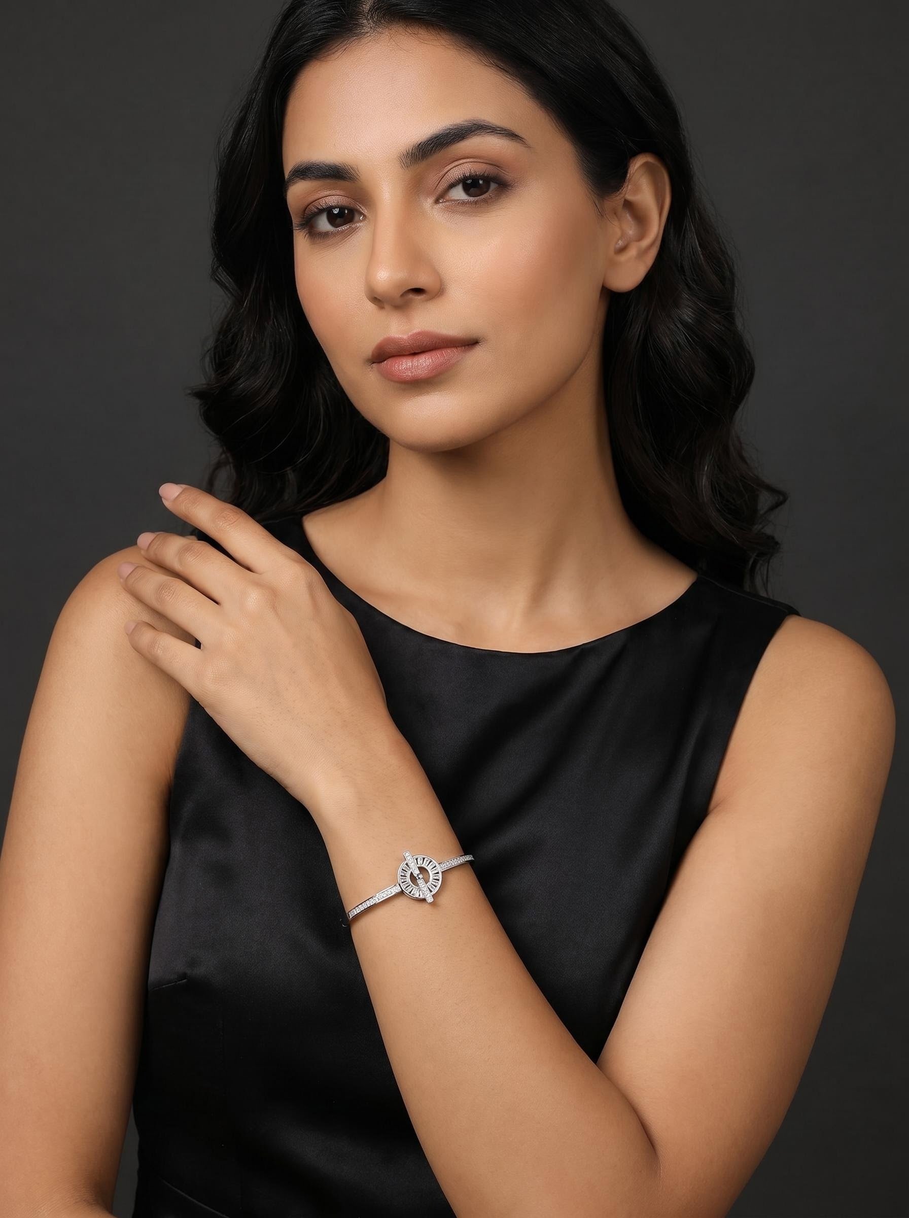 Silver Zircon Toggle Bangle Bracelet