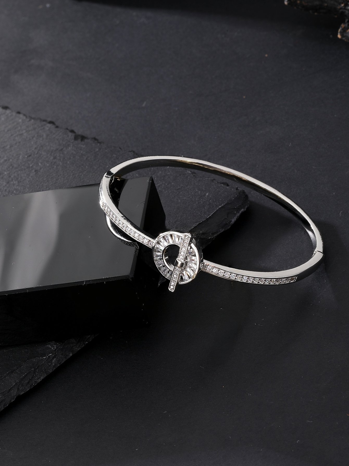 Silver Zircon Toggle Bangle Bracelet