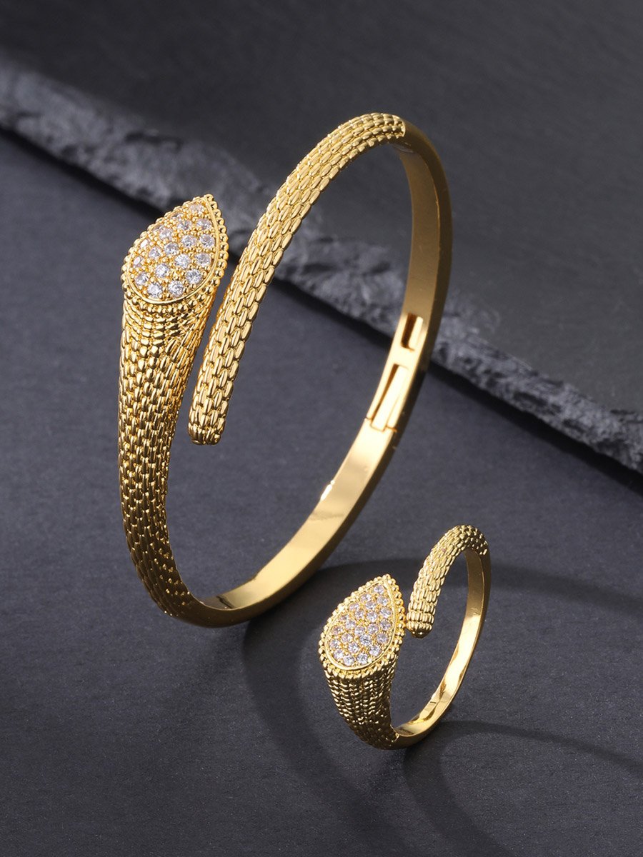 Gold Snake Bangle and Ring Set with Zircon Embellishments