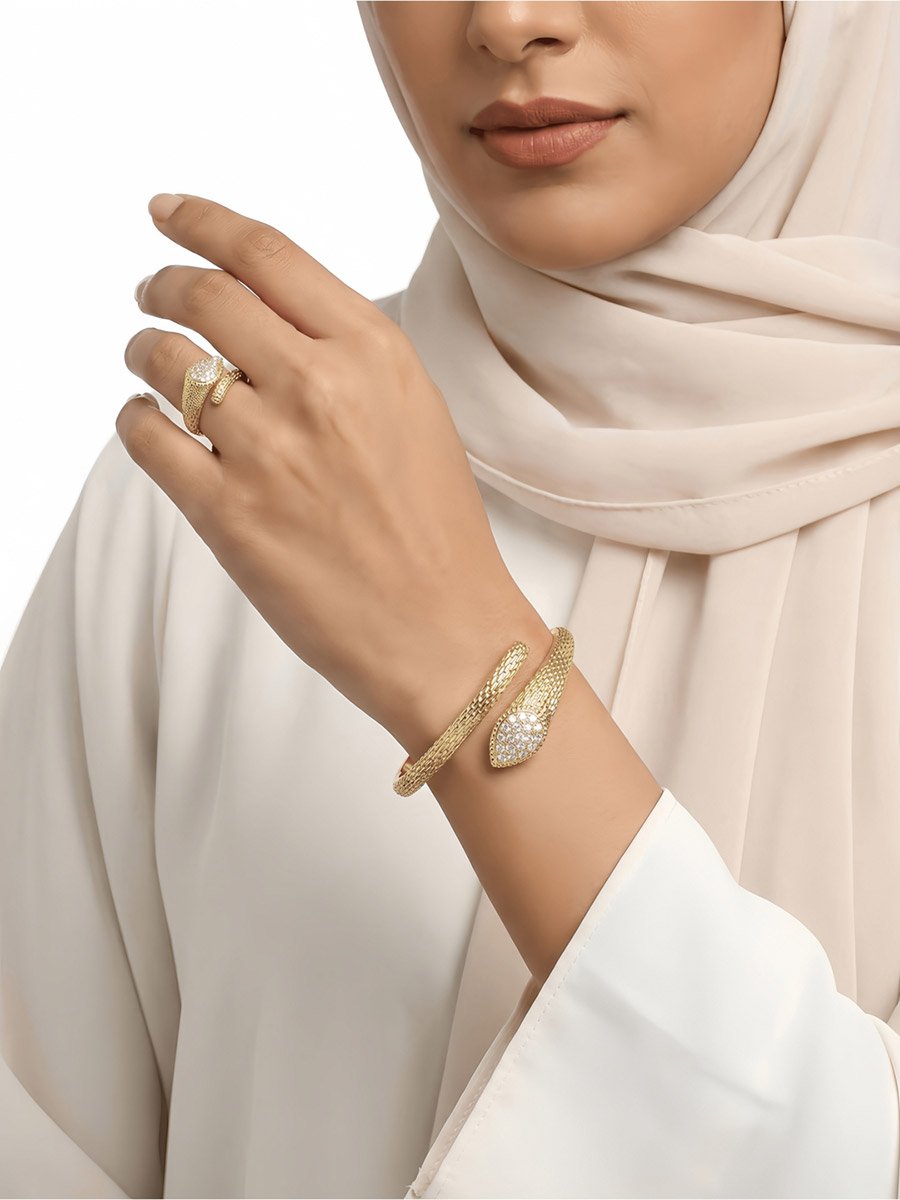 Gold Snake Bangle and Ring Set with Zircon Embellishments