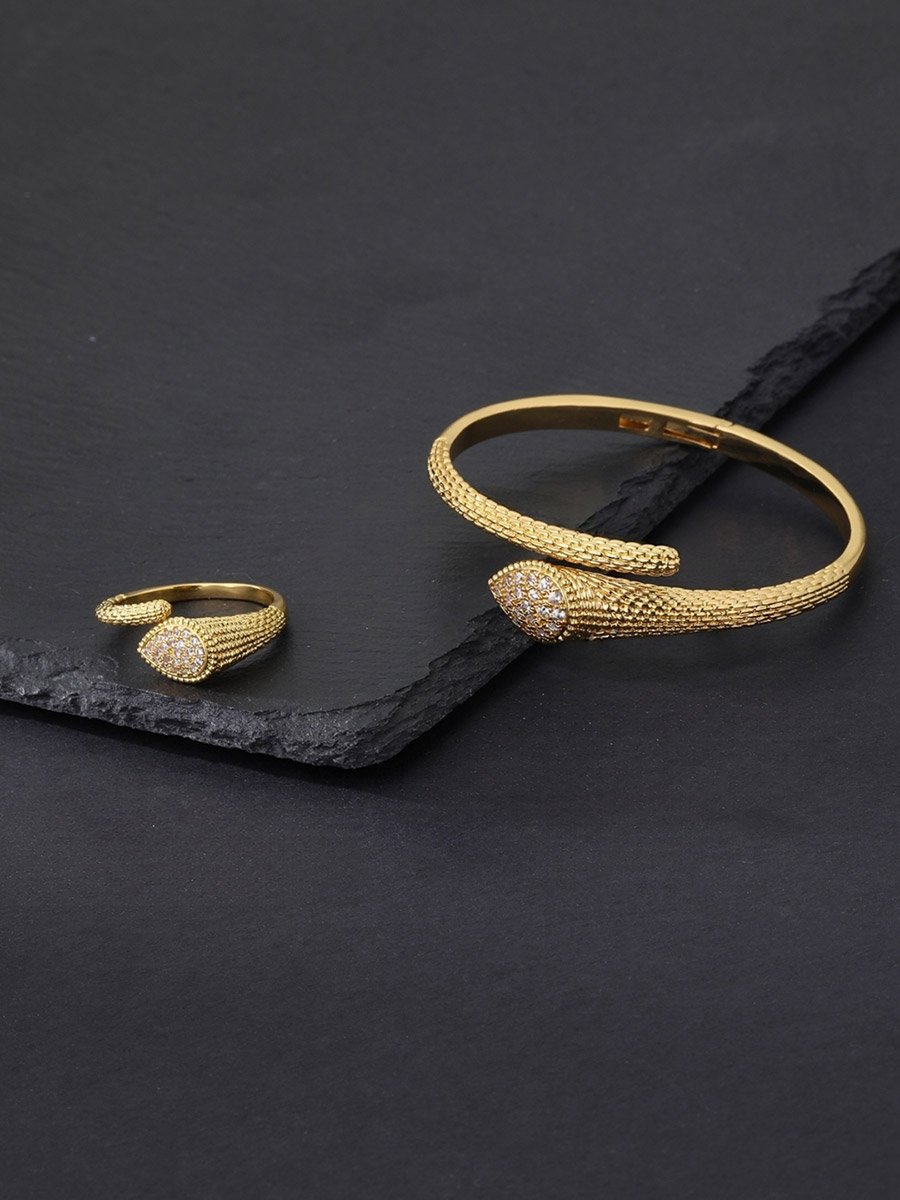 Gold Snake Bangle and Ring Set with Zircon Embellishments